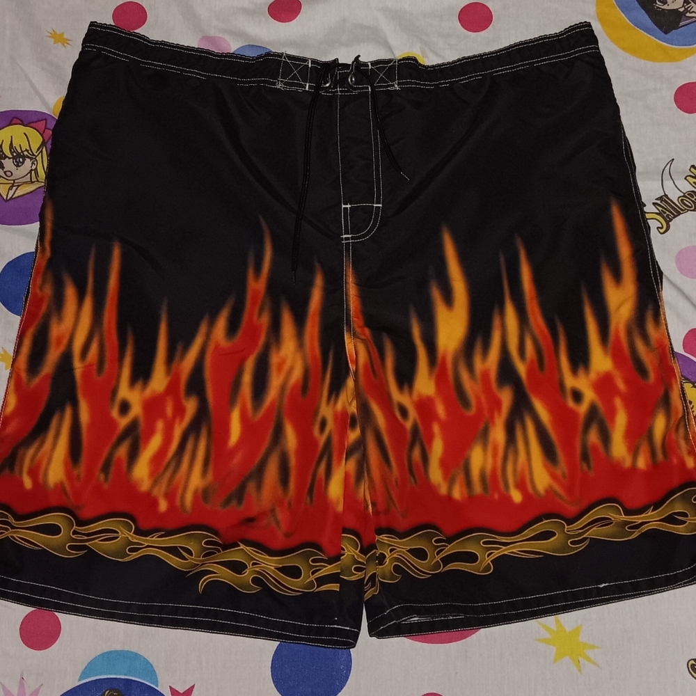90s Highland Flame Swimming Swim Trunks Vintage Flames Fire Board Shorts Tribal